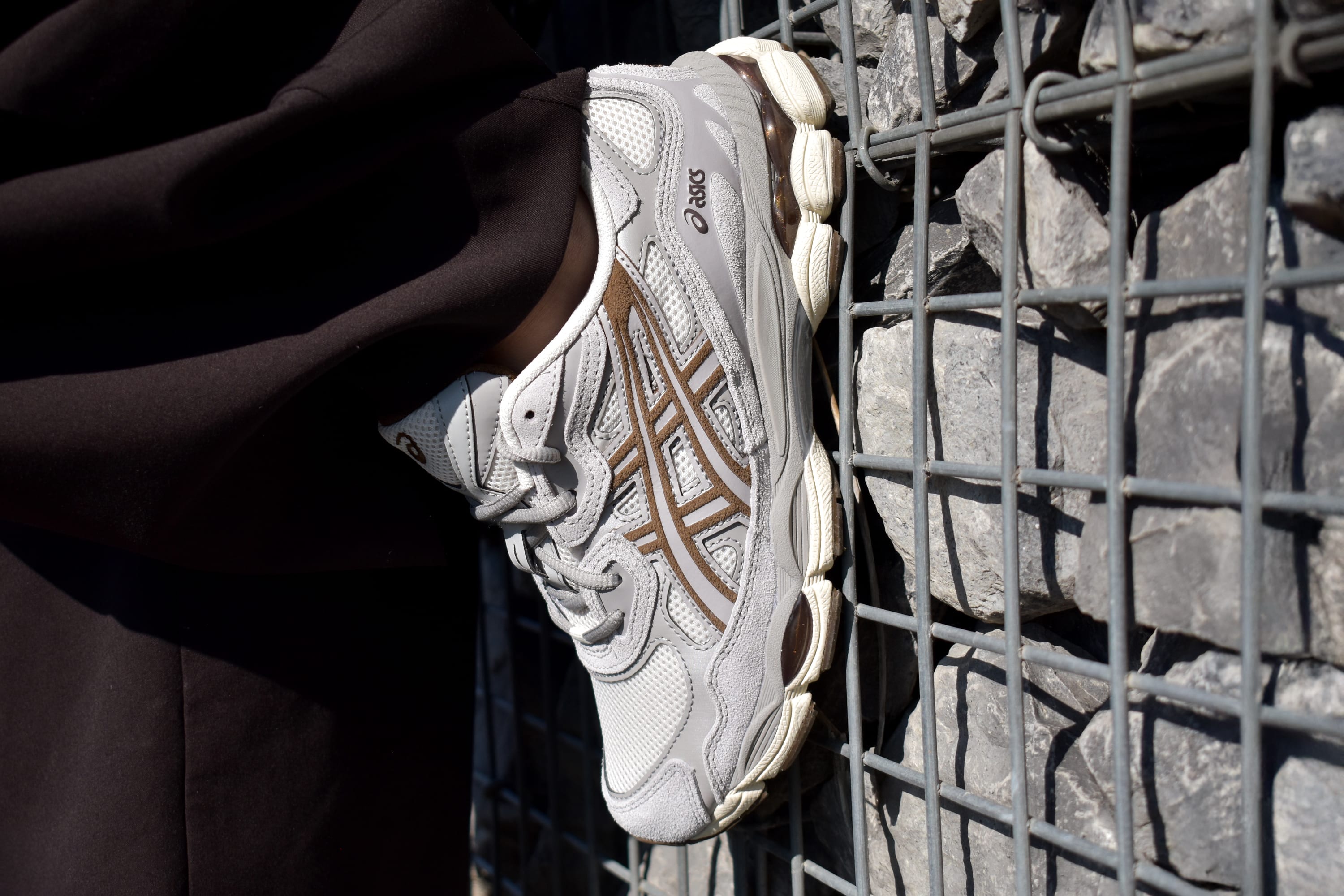 ASICS GEL-NYC Cream Cement Grey editorial on-foot photography